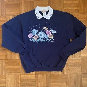 Vintage Collared Sweatshirt Embroidered Floral Navy Woman's Medium